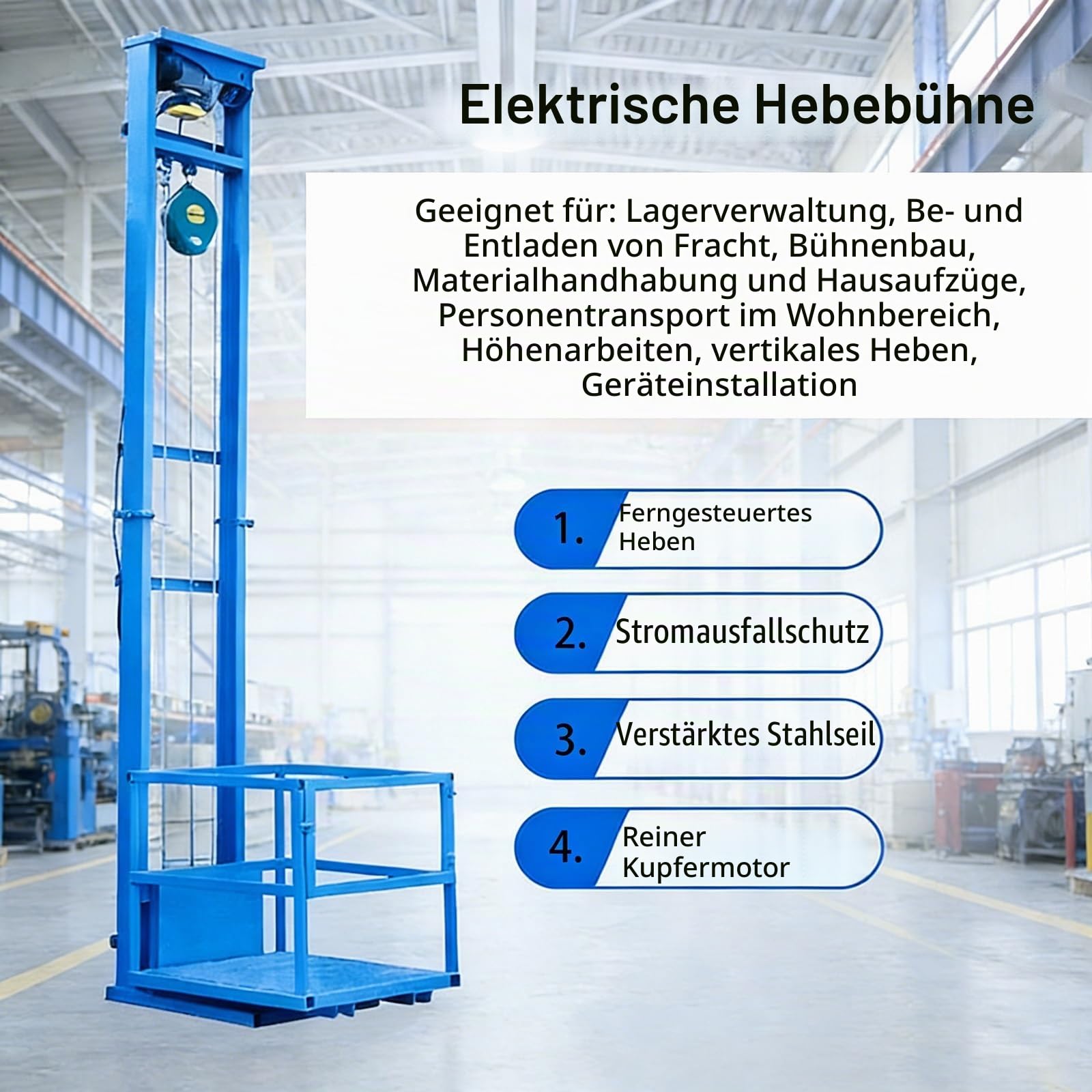 Elektrische Hebebühne, wandmontierter Lastenaufzug, verstellbare Höhe 6,6–32,8 Fuß, max. Anstieg 6 m, robuster elektrischer Hebezeug für Fabriken