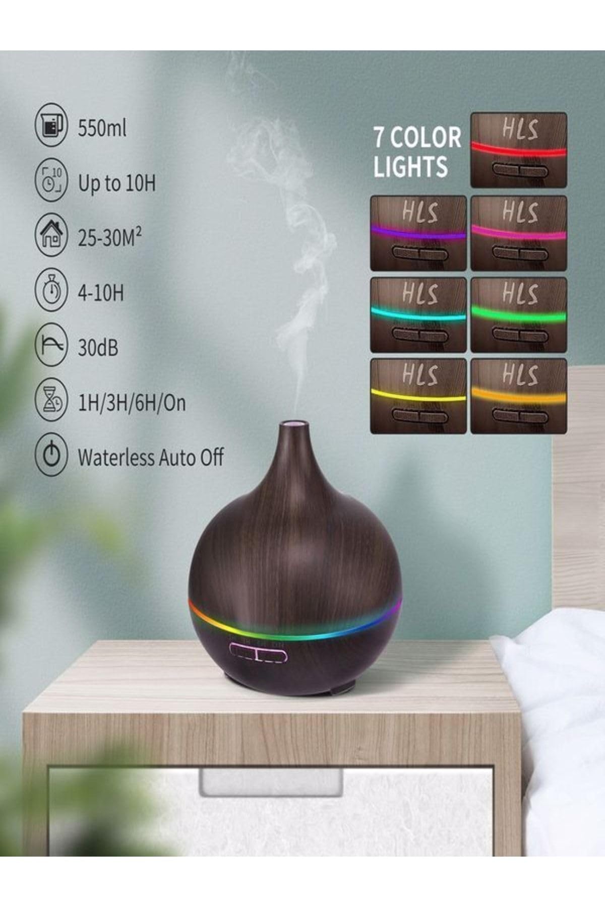 Ultratekno Uzaktan Kumandalı 550ml Aroma Difüzörü Ultrasonik Hava Nemlendirici Buhar Makinesi Rgb 7 Renk Led, Siyah