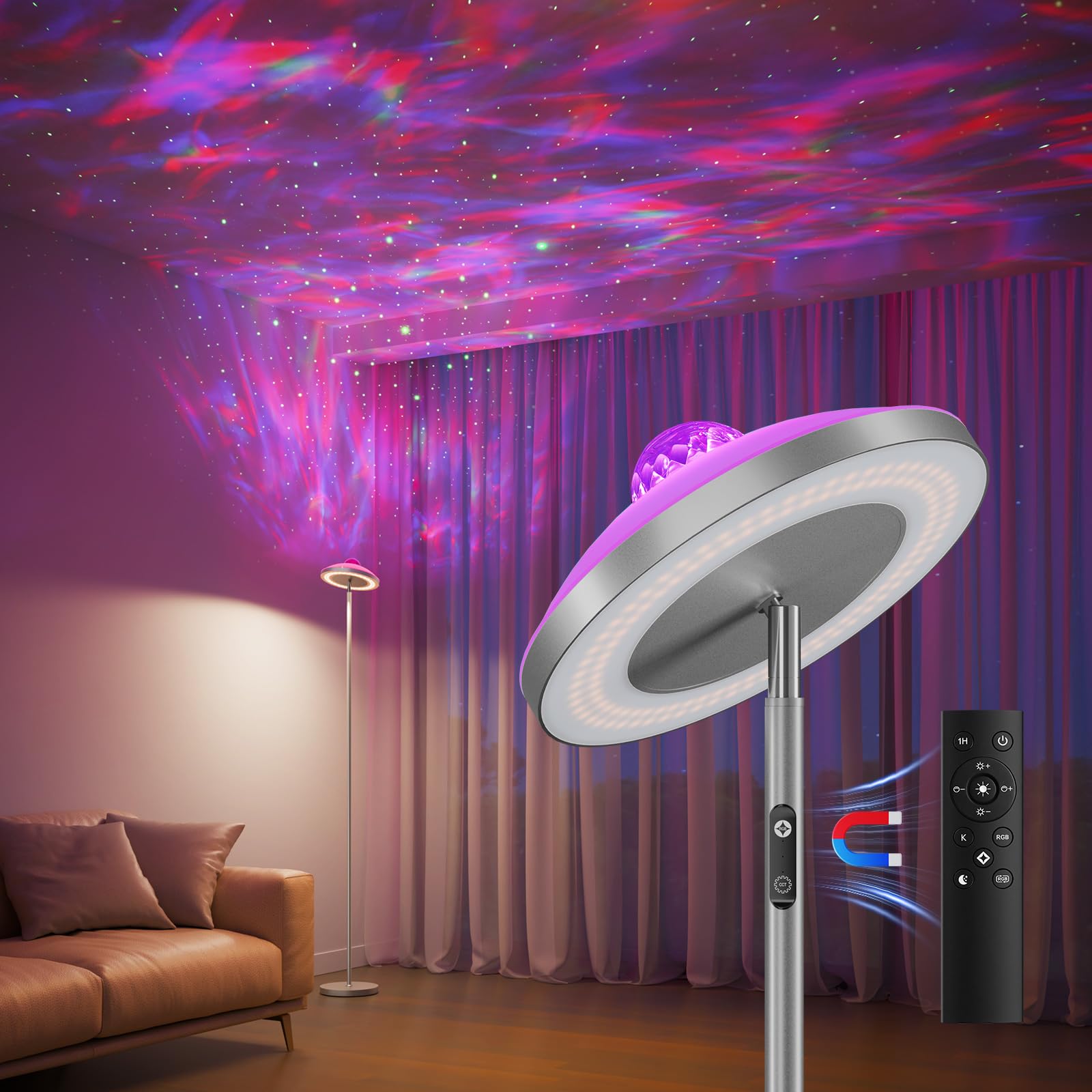 DUSKTEC Deckenfluter Stehlampe RGB mit Fernbedienung, Sternenhimmel Projektor, LED Stehleuchte Dimmbar mit Leselamp Timer, Warm- & Kaltweiß, Floor Lamp Schwarz für Schlafzimmer Wohnzimmer