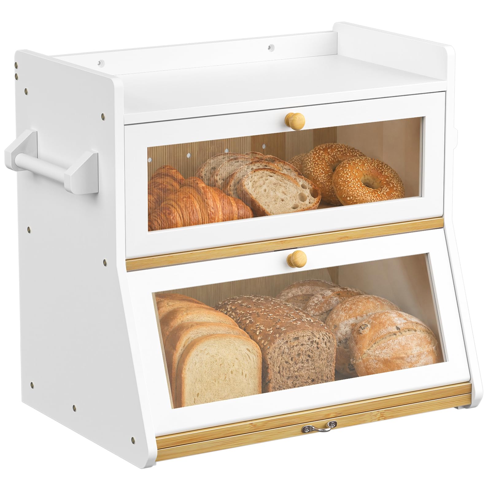 Yvsevnr Large Bamboo Bread Bin, Two-Layer Large Bread Box, White