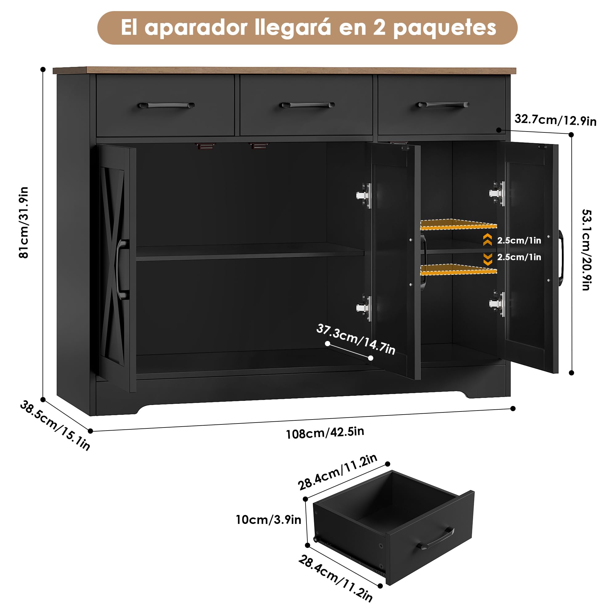 HOCSOK Aparador Cocina, Armario de Cocina con 3 Cajones y 3 Puertas, Armario de Almacenamiento para Salón, Comedor, Estantes Ajustables, Negro y Marrón | Armario buffet de cocina con 3 cajones y 3 puertas, armario de cocina para salón, cocina, comedor