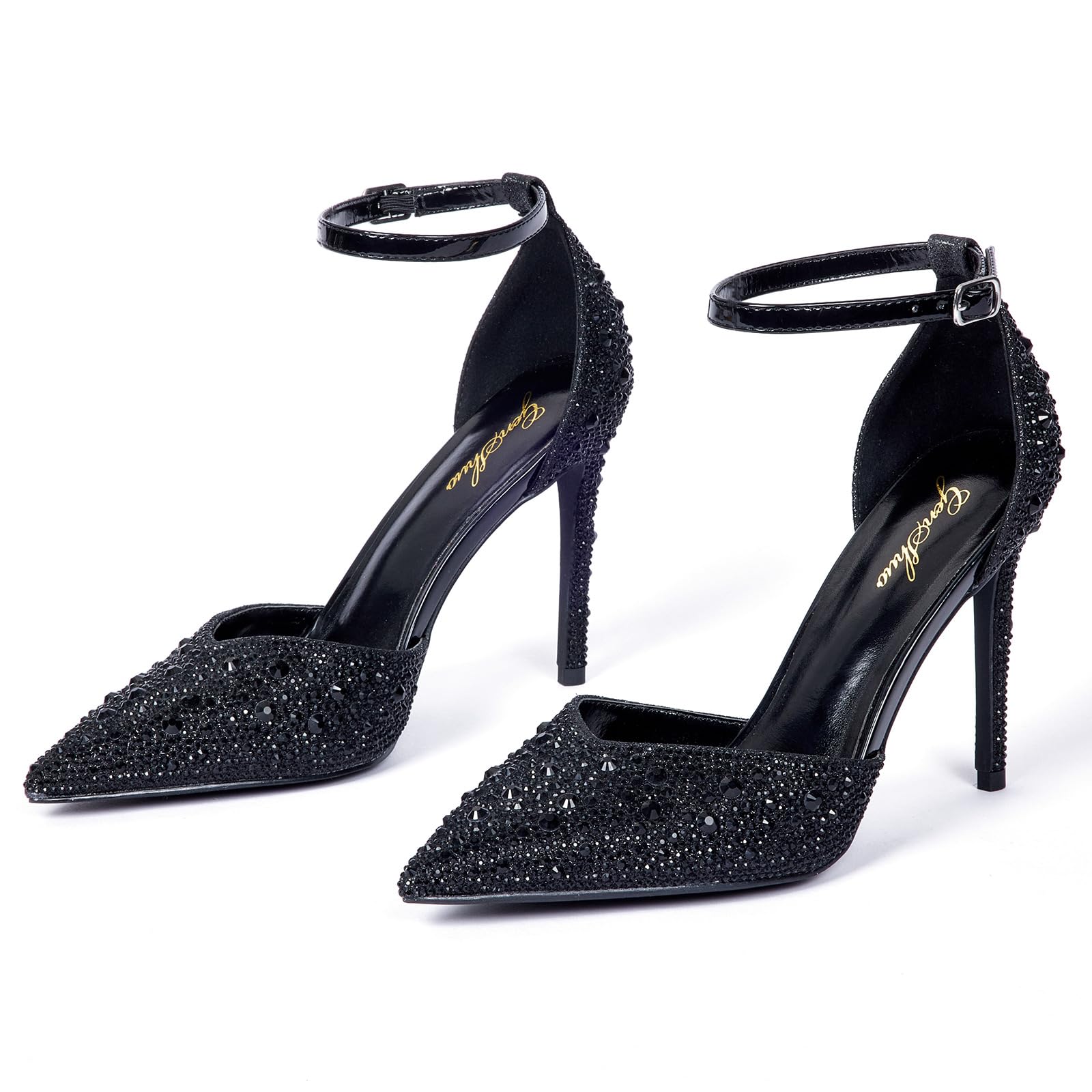 Zhabtuc Scarpe con Tacco Alto 10 cm da Donna, Eleganti Décolleté con Strass Scintillanti, Cinturino alla Caviglia