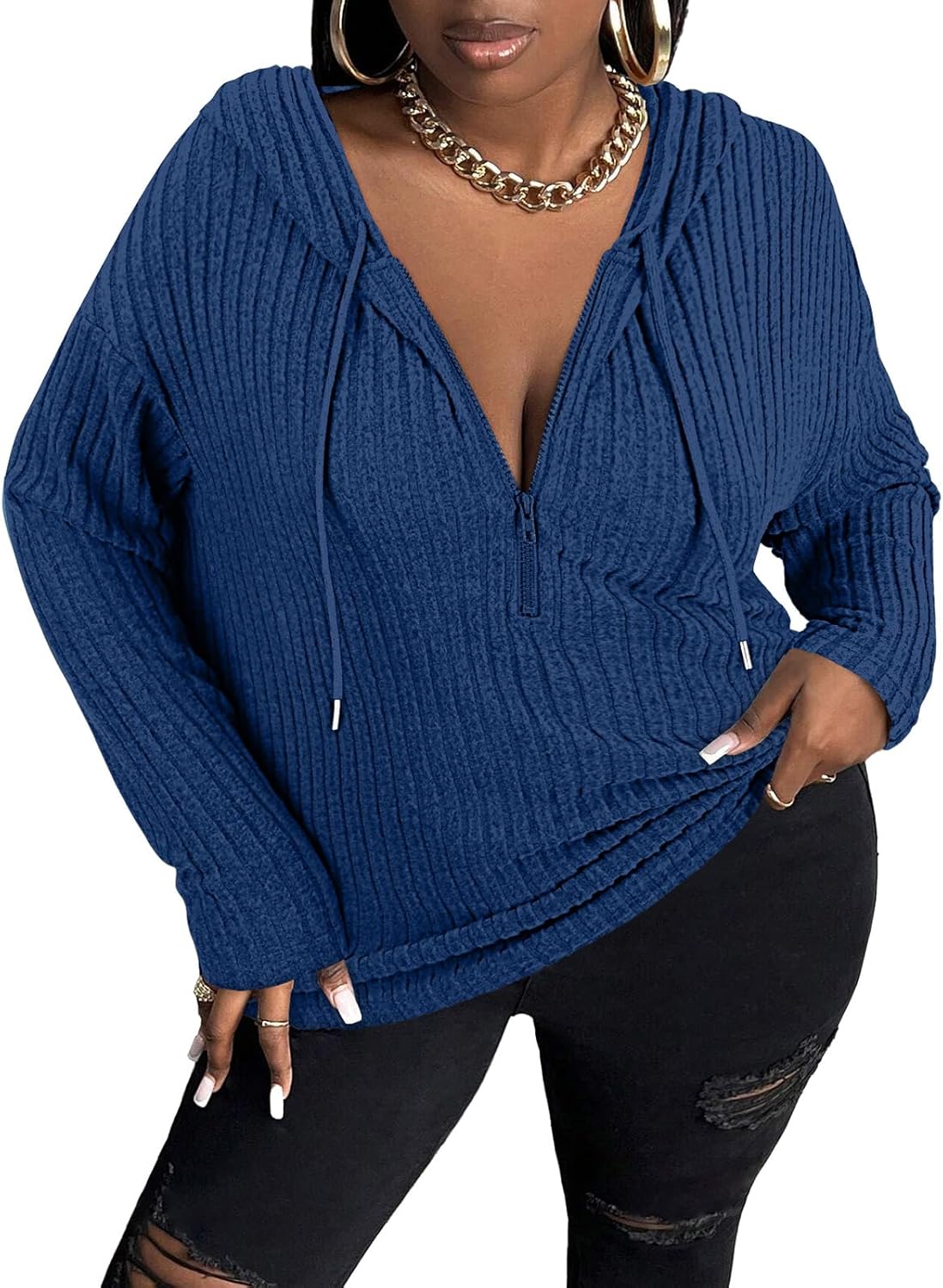 Zamowoty Women’s Plus Size Hoodies Long Sleeve Drawstring Quarter Zip Hooded Sweatshirts Knit Pullover Sweaters(1X-5X)