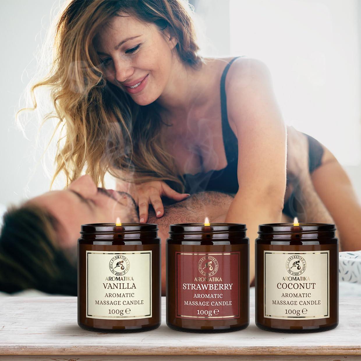 Vela de Masaje Set Vainilla Coco Fresa 3x100g Cera de Soja Aceites de Coco Almendras Monoi Tahiti Aromaterapia Calmante
