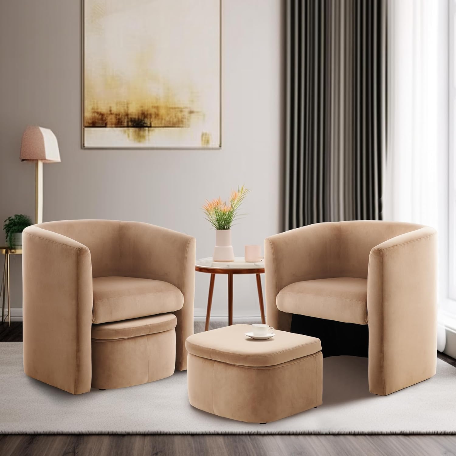 COLAMY Upholstered Velvet Barrel Chair with Storage Ottoman