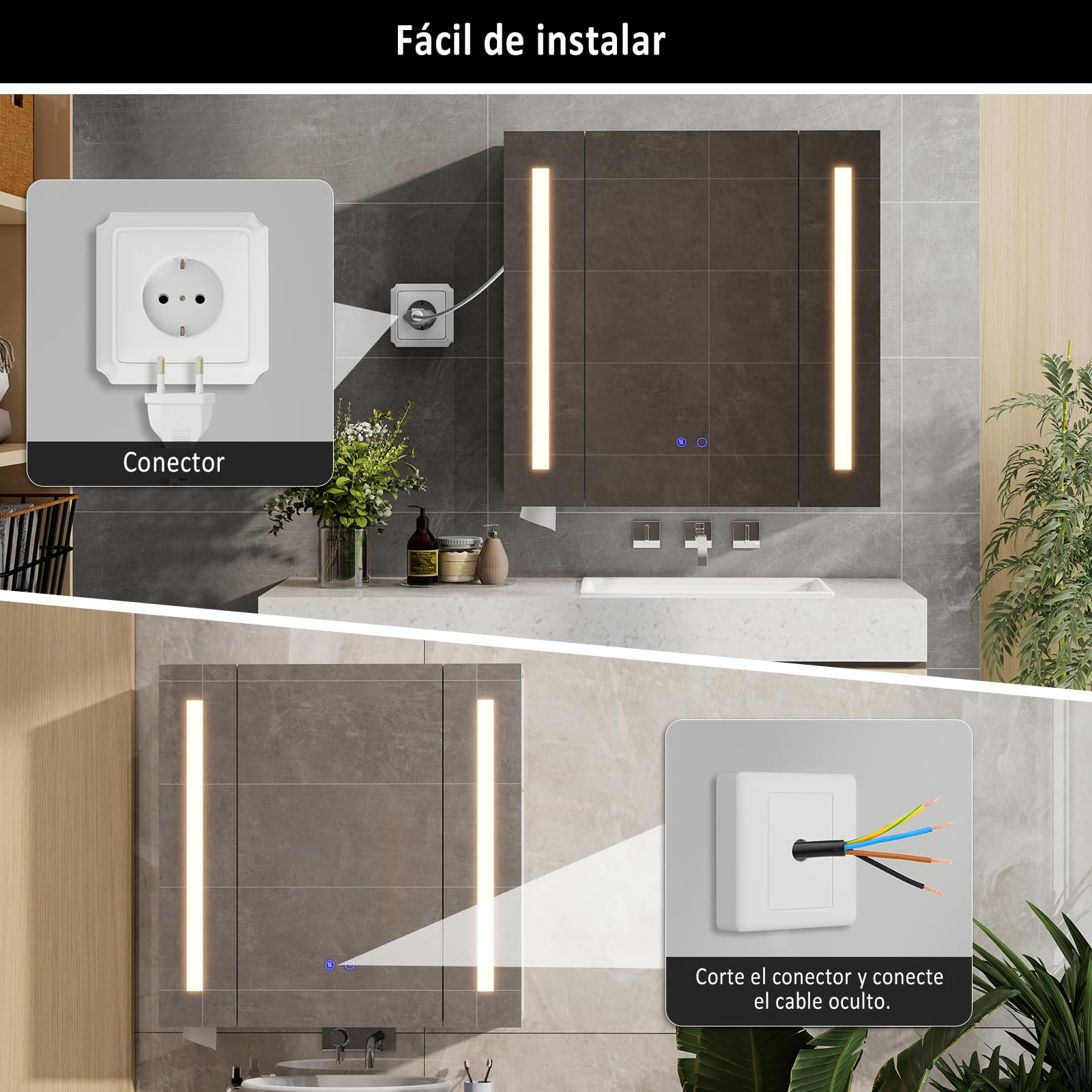YU YUSING Mueble de Baño de Pared, Armario con Espejo y Estantes | Espejo LED 70 x 16 x 70 cm y Puertas Ajustables, Antivaho, Regulable en 3 Colores, Madera MDF, Blanco