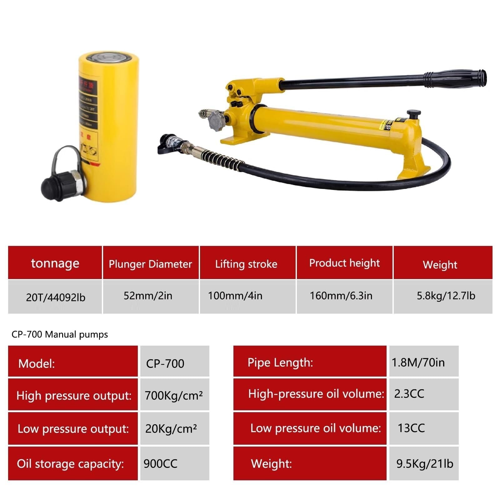 Martinetto Con Cilindro Idraulico Lungo, Corsa 4 Pollici/100 Mm Pompa Manuale CP-700, Kit, Multifunzione, Retrazione Automatica For Navi, Ponti, Costruzioni(20T jack+CP-700 hand pump)