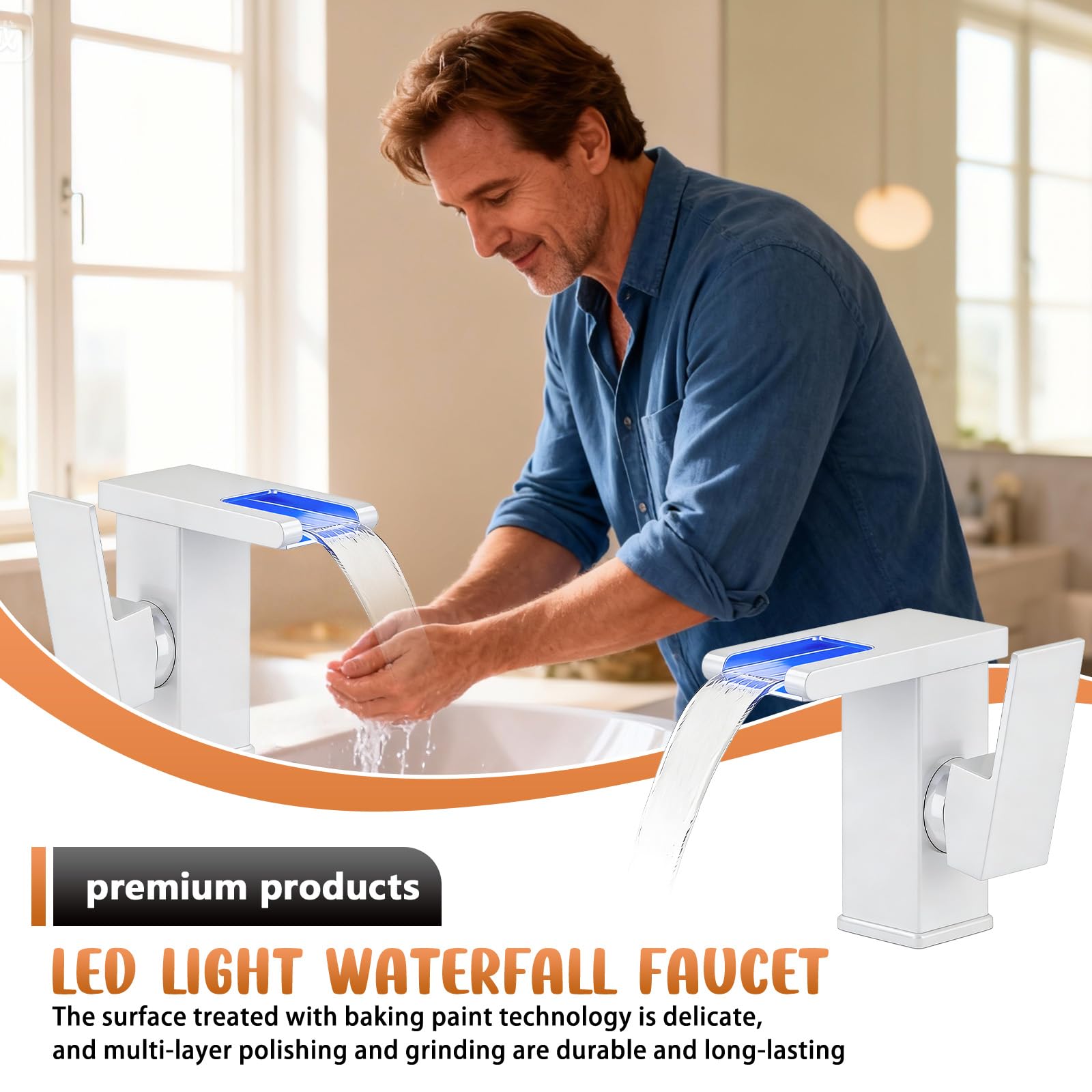 Rubinetto per Bagno con Luci LED, Cascata 3 Colori, Miscelatore Monocomando Acqua Calda e Fredda, Cromato, Moderno, Grigio, Tubi da 60 cm Inclusi
