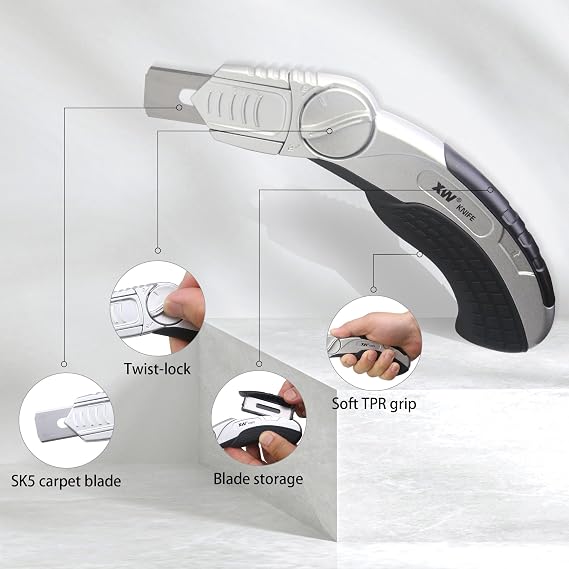 XW Fixed-blade Carpet Knife with Twist-lock, Heavy Duty Flooring Knife with 5 Spare Blades in Storage