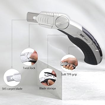 XW Fixed-blade Carpet Knife with Twist-lock, Heavy Duty Flooring Knife with 5 Spare Blades in Storage