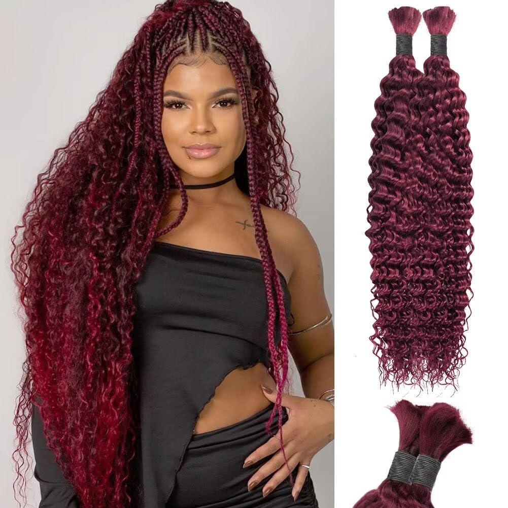 Burgundy Human Braiding Hair Deep Water Wave Bulk Human Hair 100g 16 Inch Color 99J Curly Human Hair for Boho Braids Hair Extensions No Weft 2 Braids Per Pack Wet and Wavy Human Hair Braiding Hair