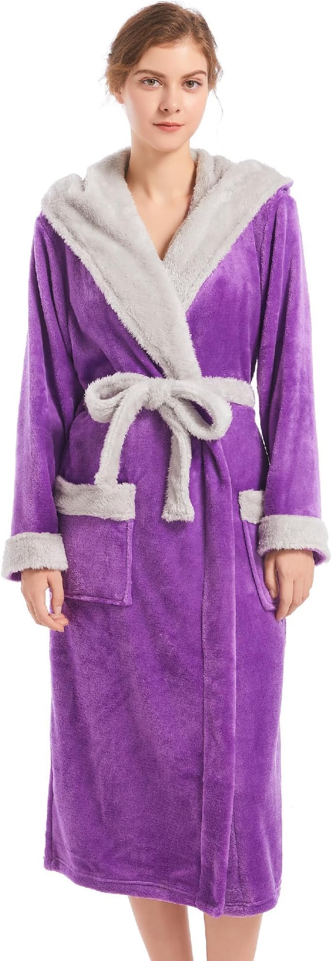 Inner Wish Women Hooded Plush Robe, Fleece Cozy Warm Bathrobe