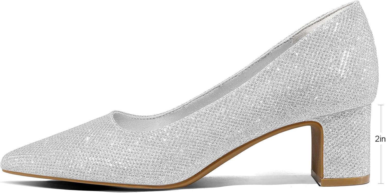 mysoft Women's 2 Inch Chunky Heel Dressy Pumps Silver - Image 3