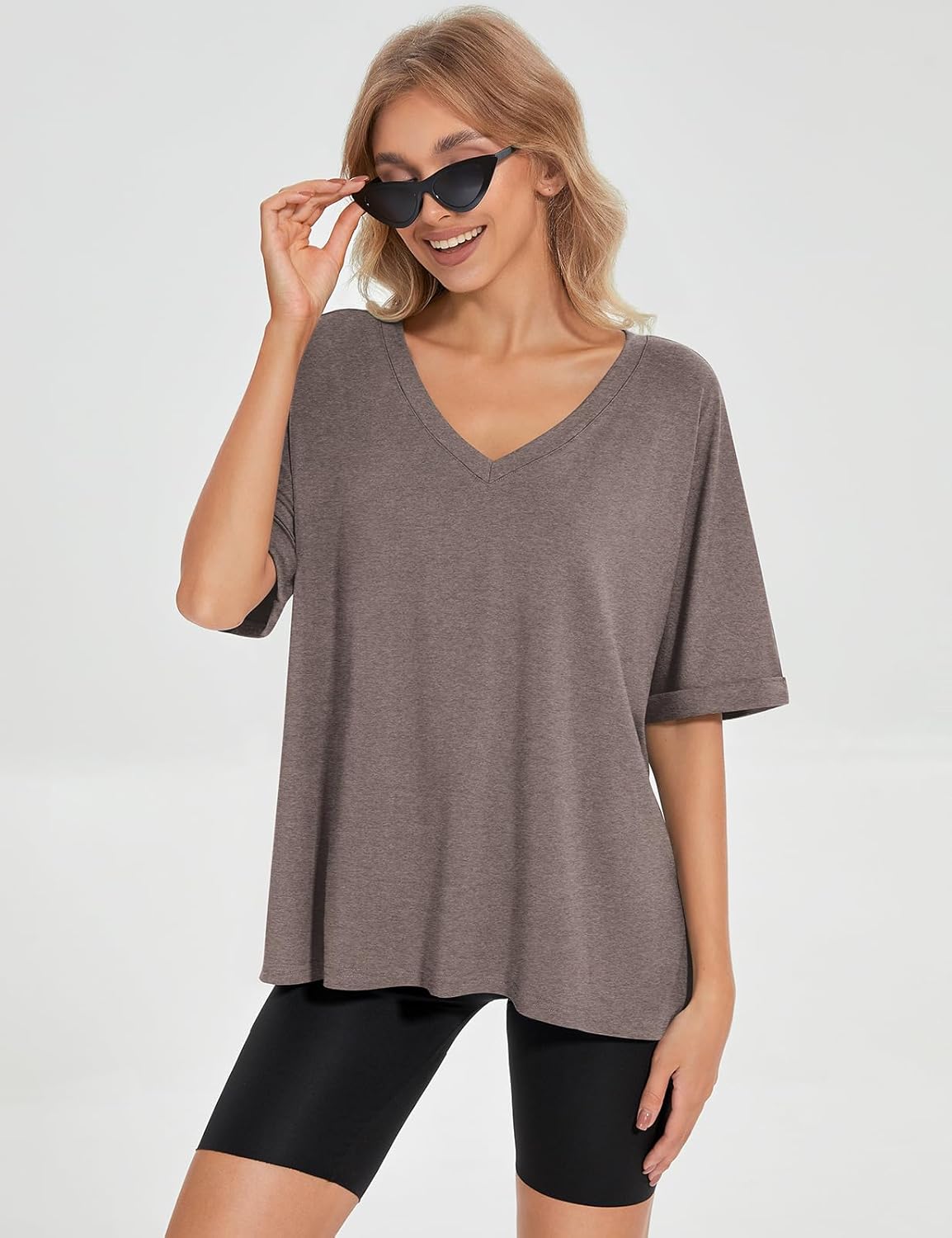 UEU Womens Oversized T-Shirts Summer V Neck Casual Shirts Short Sleeve Workout Tunic Tops - Image 3