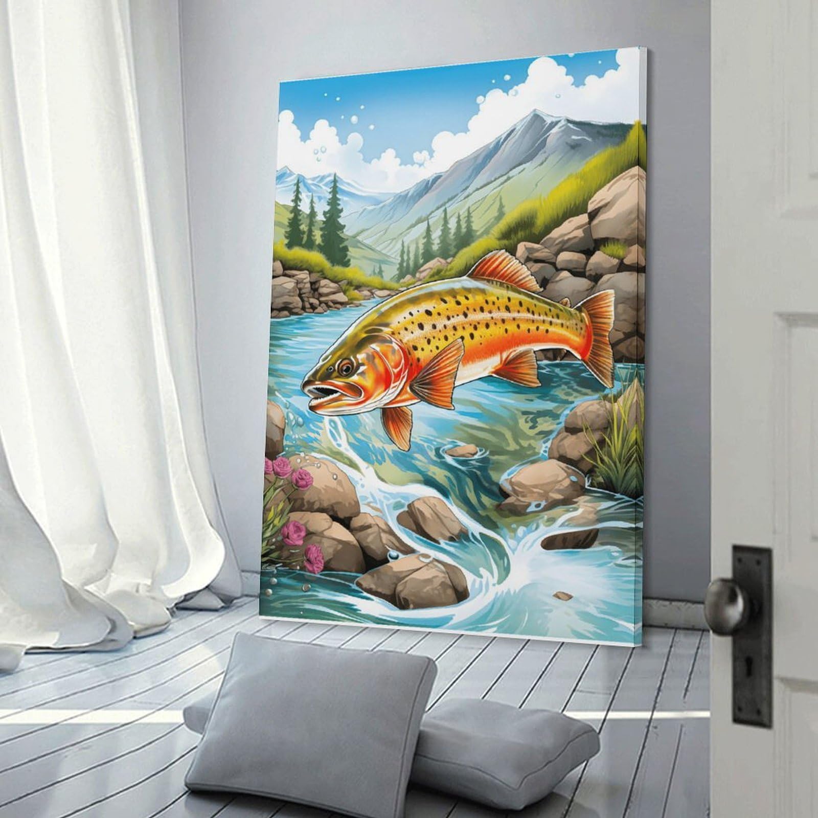 Junmoney Frame-Style-14 Rainbow Trout Fishing Gear Wall Picture Print, 08X12inch(20X30cm), For New Homes, Bedrooms Or Workspaces, Thoughtful Wall Decor For Art Lovers