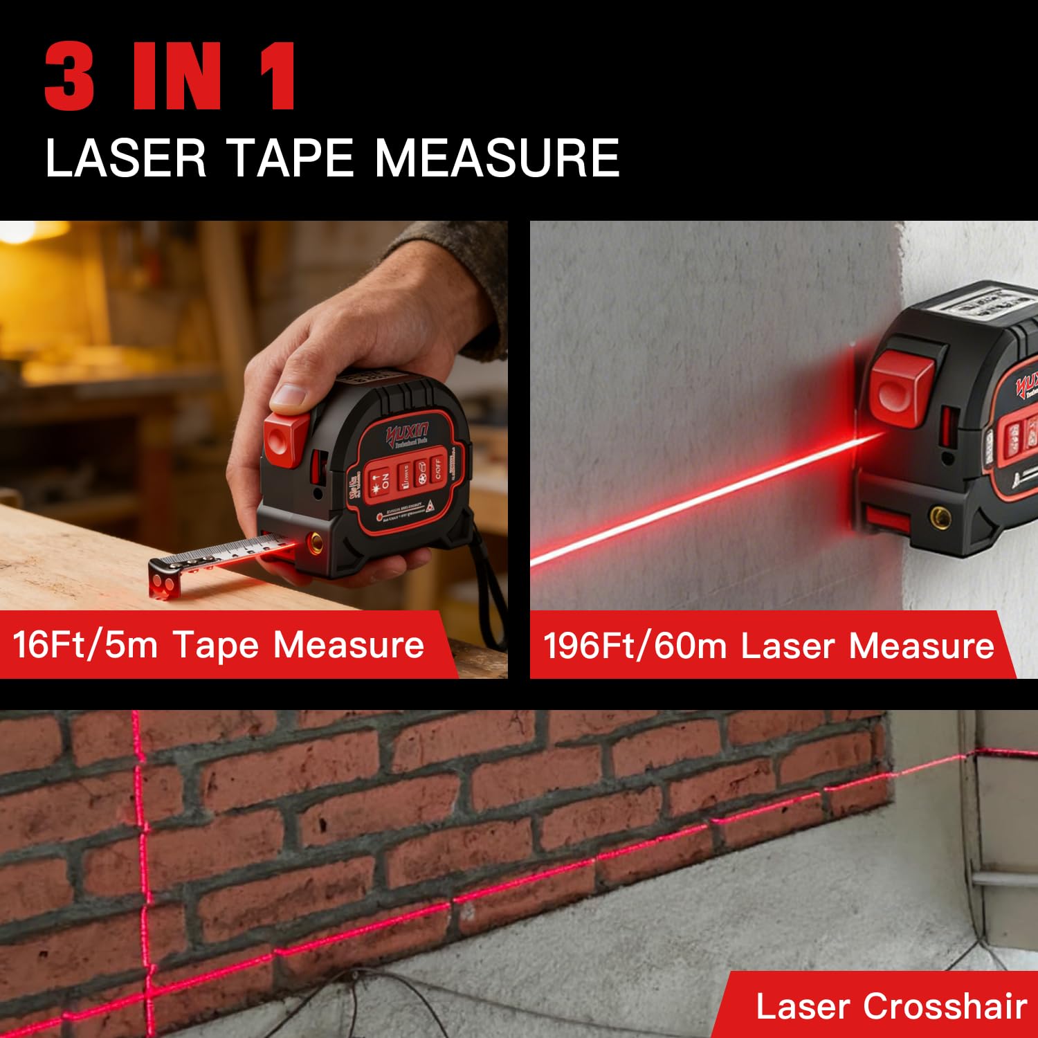 Mètre ruban laser 3 en 1 – Distance laser maximale de 69,7 m et ruban à mesurer autolock de 4,9 m, précision professionnelle ± 0,6 cm, rechargeable de type C, crochet magnétique, 6 modes pour la