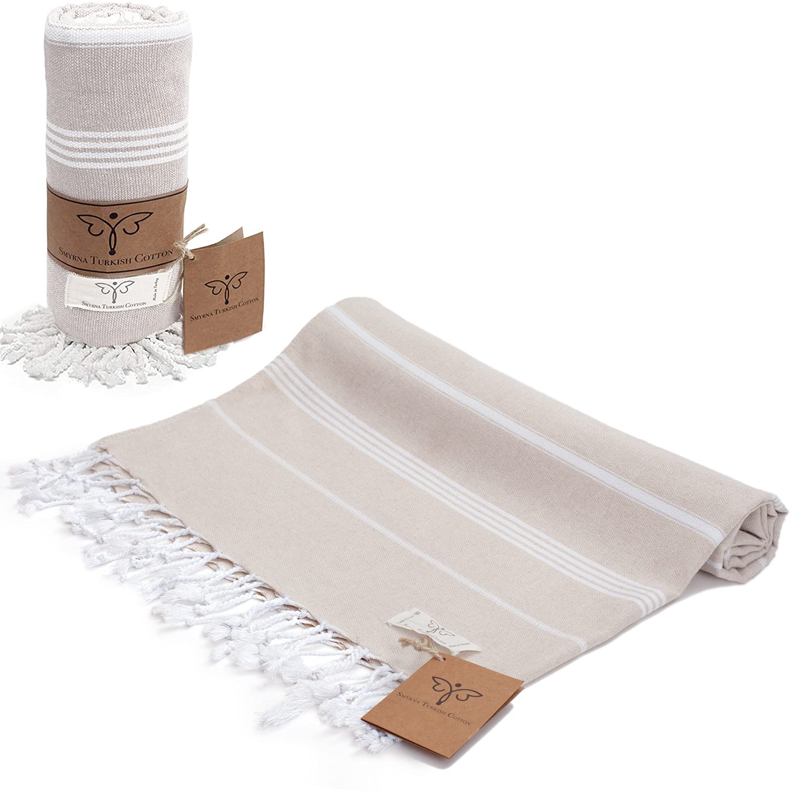 Smyrna Turkish Cotton Beach Towel – 37x71 Inches, 100% Cotton, Prewashed & Super Absorbent For Beach, Spa & Travel