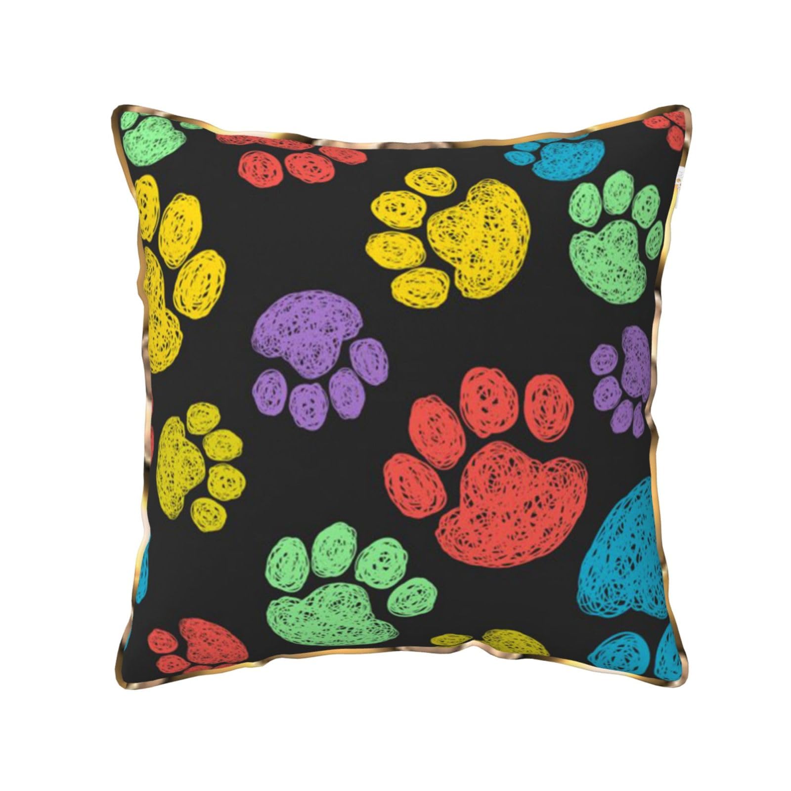 AUBKFELD Dog Paw Print Printed Velvet Cushion Cover 45x45 CM with Gold Edging Strip, Square Pillowcase Soft Throw Pillow Covers Case Decorative for Living Room Sofa Couch Bed Bench
