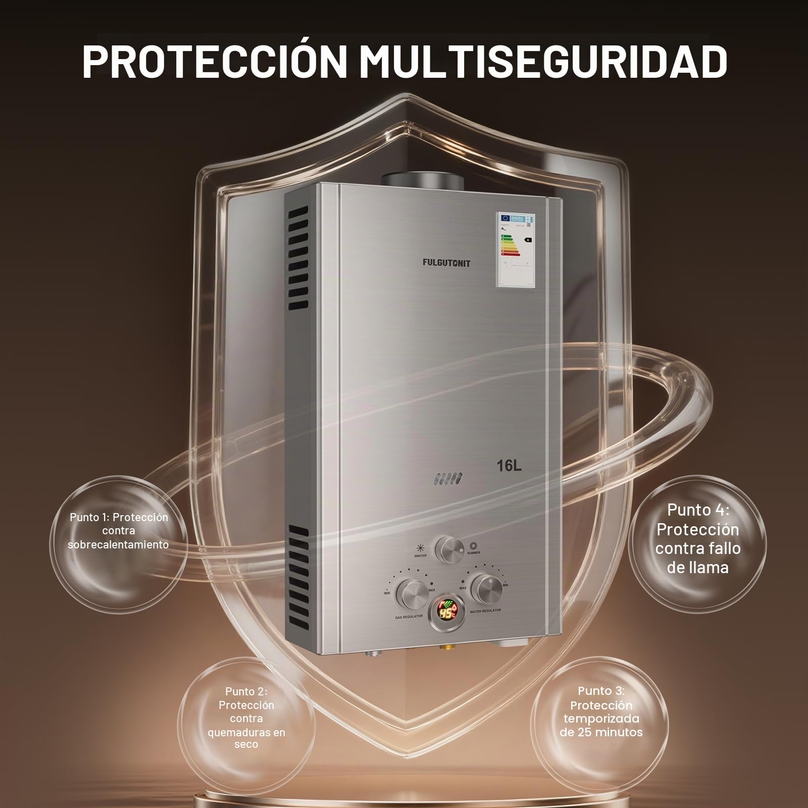 Fulgutonit Calentador de Agua de Gas 16L Con Ducha Sobrealimentada, Calentador de Agua de Gas GLP Propano Butano Adecuado Para el Hogar, Vehículos Recreativos y Exteriores