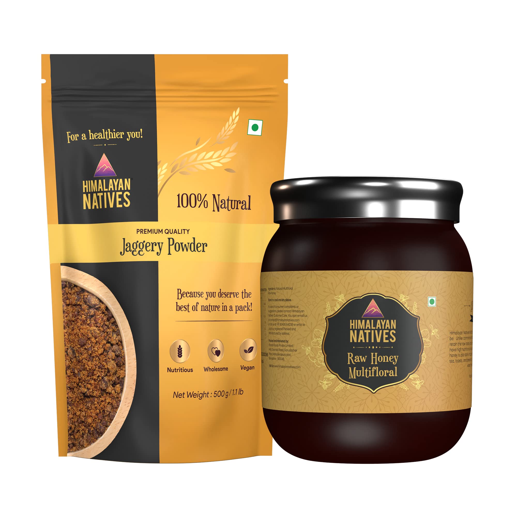 Himalayan Natives 100% Natural Sweeteners Combo Pack of 2 | Multifloral Raw Honey 350g and Jaggery Powder 500g | Unprocessed | Highly Nutritious | Sugar Substitute