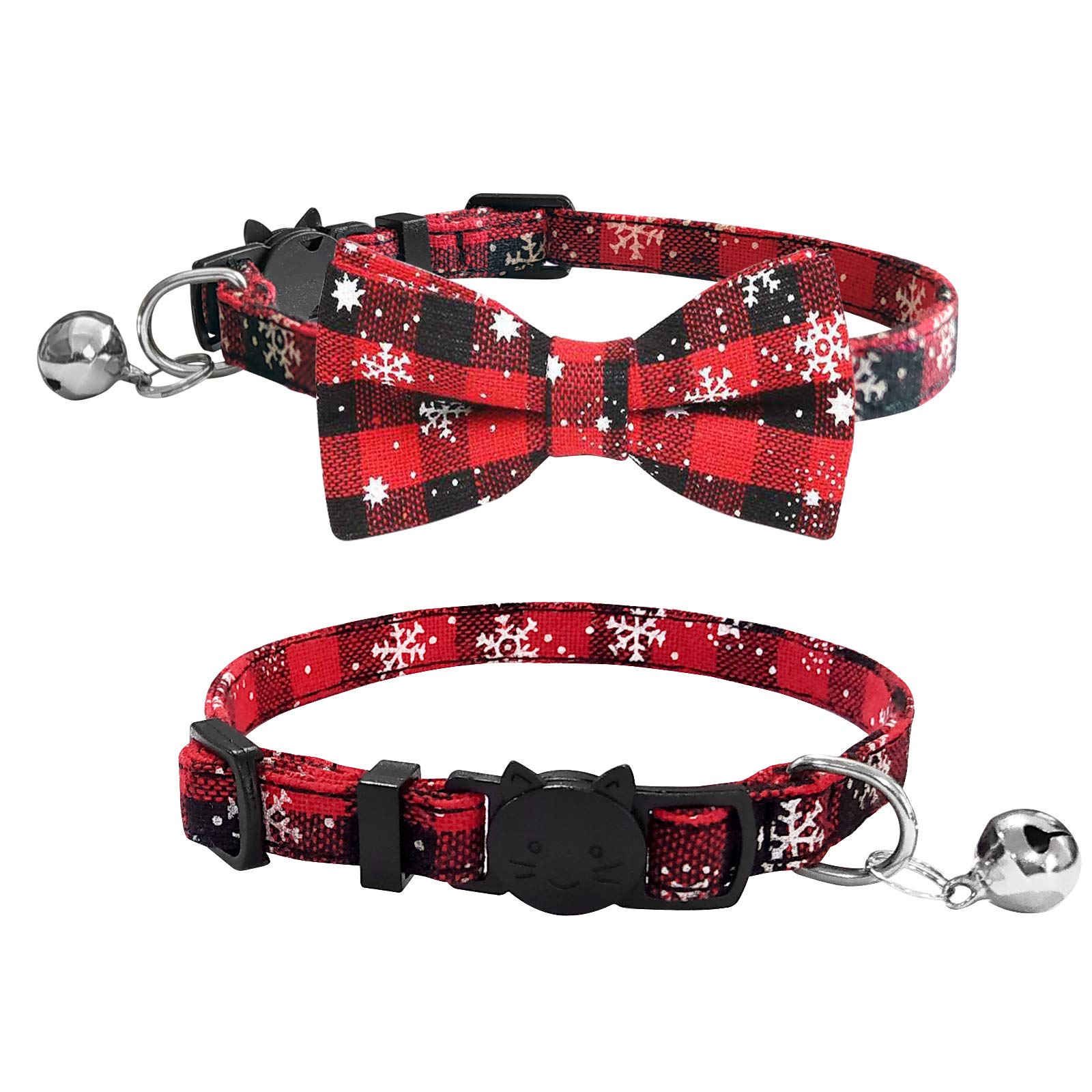 Christmas Cat Collar, Cats Collar Breakaway with Bow Tie and Bell, Bandana Kitten Collar, Classic Plaid Kitty Collar with Snowflake Print for Xmas Party, Quick Release, Length Adjustable(7.8”-10.9”)