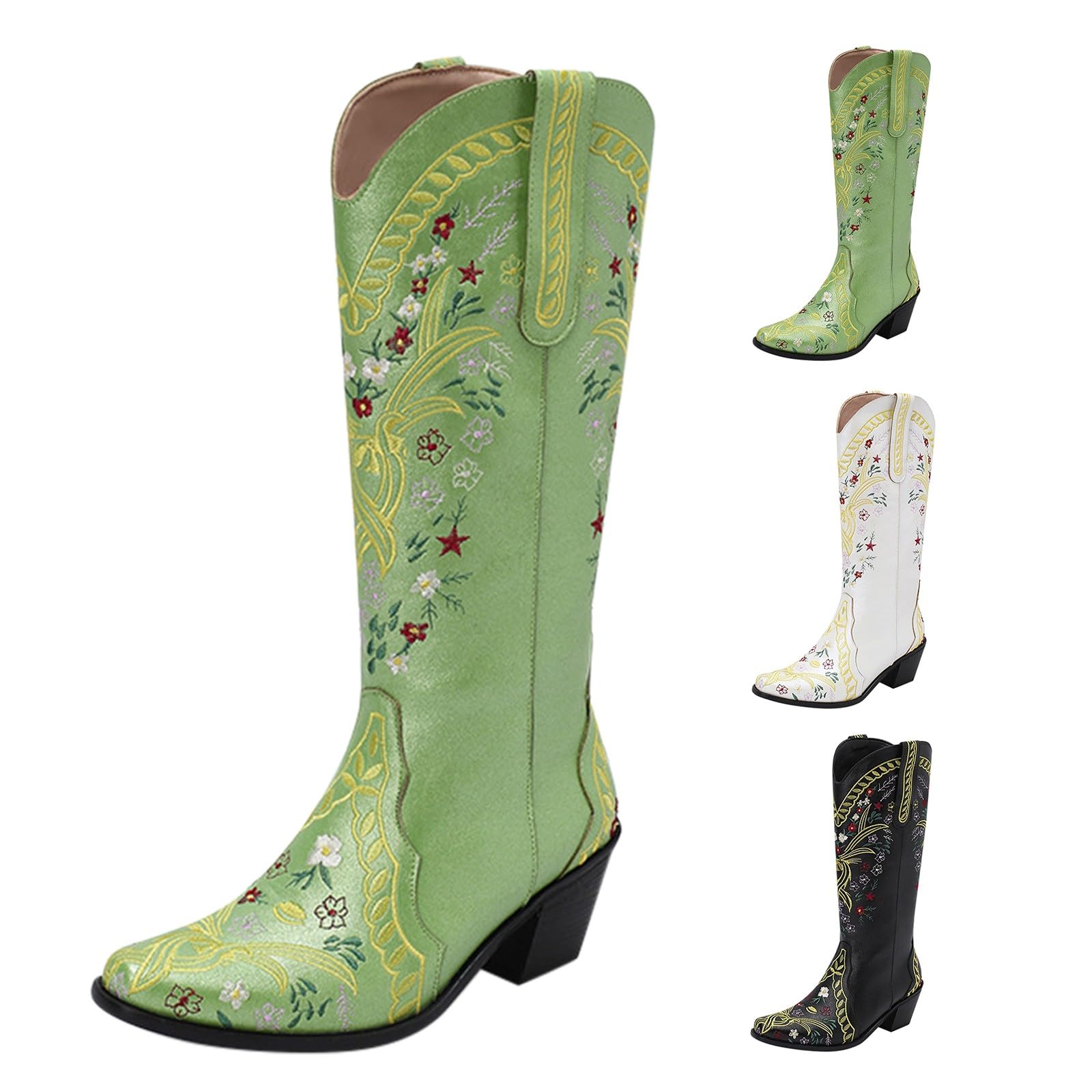 Stivali da cowboy da donna, vestibilità larga, con tacco medio grosso, punta a punta, stivali da cowgirl con ricamo occidentale stile country, stivali da donna classici in pelle PU calzature casual