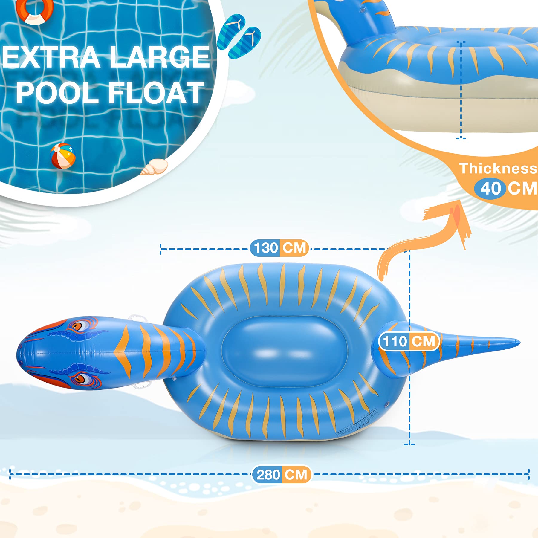 Géant Bouée Dinosaure, 275×115×100cm Bouee Dinosaure Gonflable - Durable et Sûr avec 2 Trou Gonflable et 1 Patch Autocollant, Jouets De Plage et Océan D'été Adapté pour Adultes et Enfants