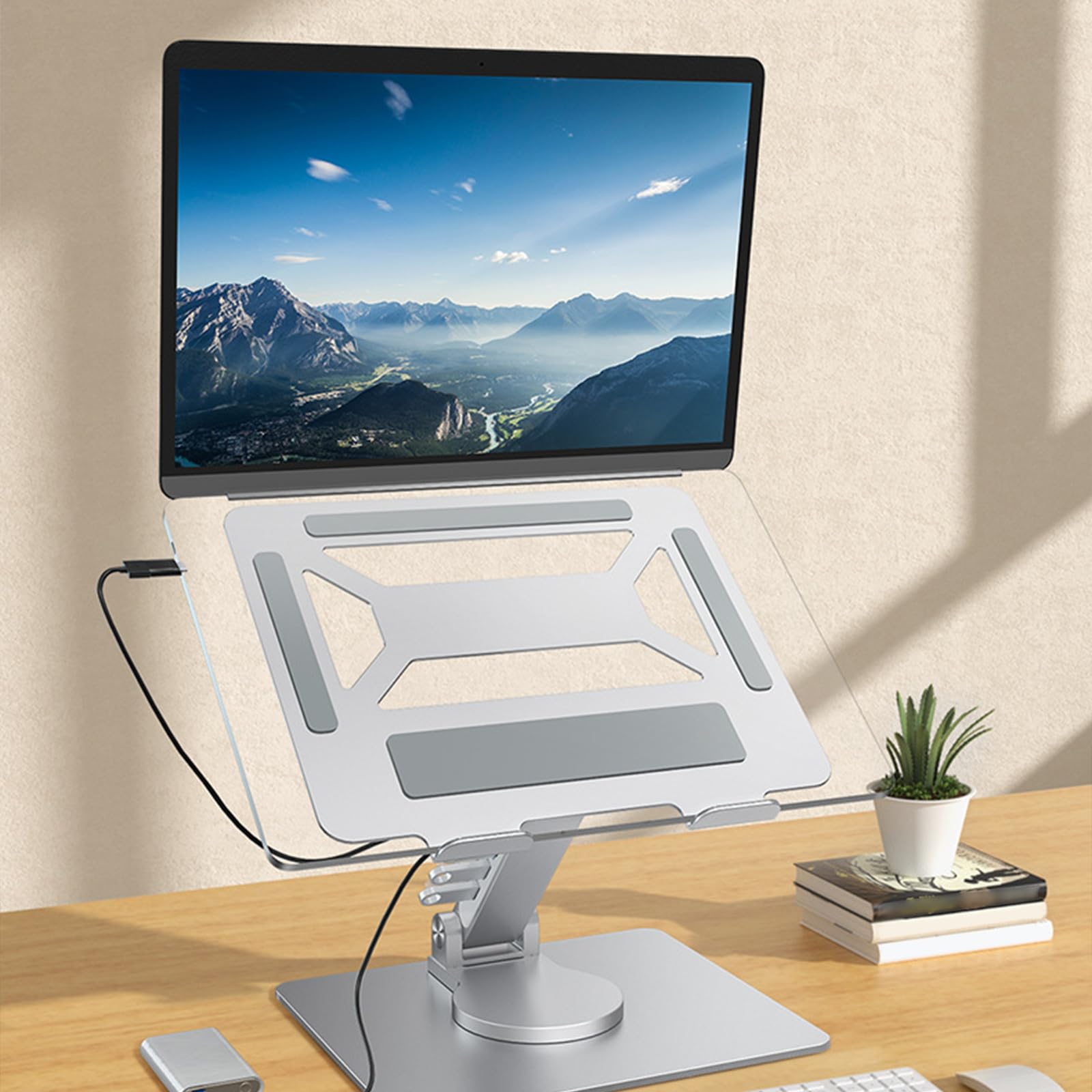 Supporto per laptop ergonomico rotante Struttura in alluminio pieghevole Hub espansione integrato Altezza regolabile Design portatile per tablet notebook Supporto per laptop portatile con hub