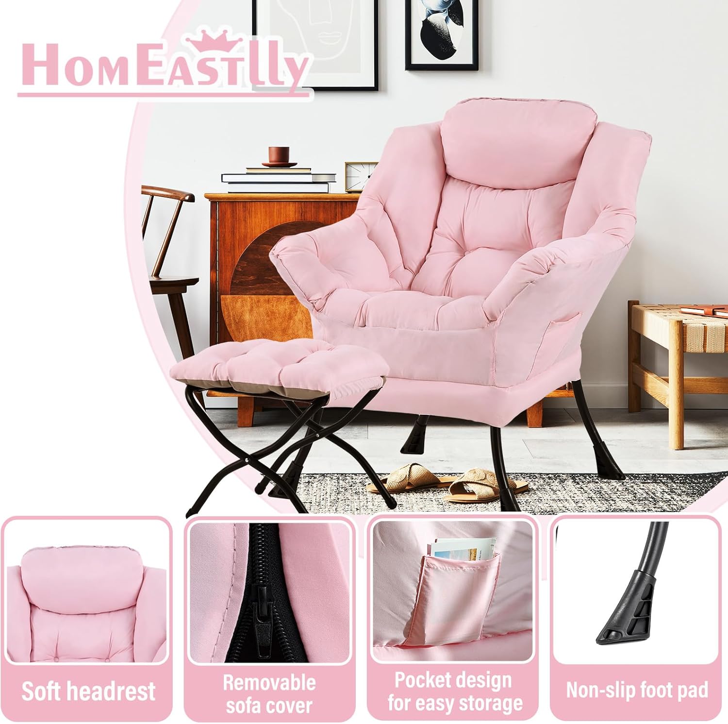 Lazy Chair with Ottoman, Large Pink Accent Chair with Ottoman, Comfy Reading Armchair, Leisure Sofa Chair for Living Room, Bedroom, Dorm Room, Office
