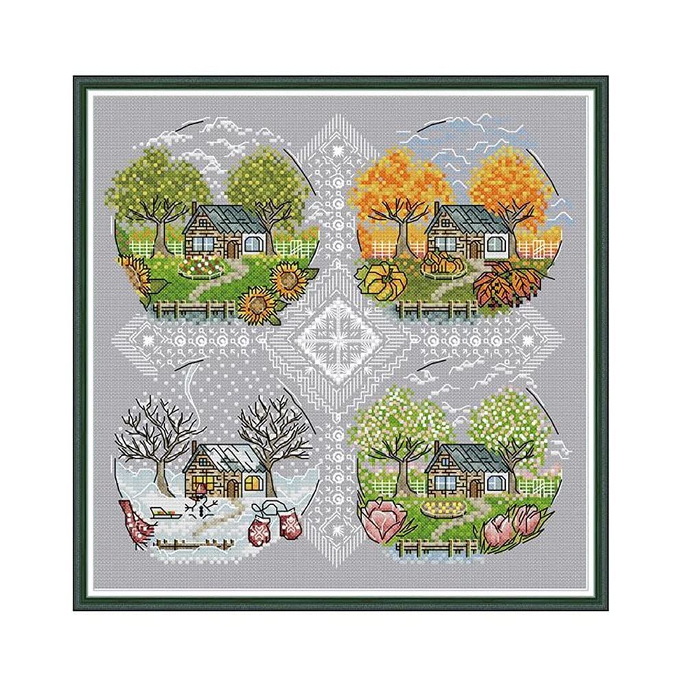 Amiiba Four Seasons Cottage Stamped Cross Stitch Kits, Four Seasons Cabin Diy 11Ct 16.5X16.5 Inch (Four Seasons Cottage)