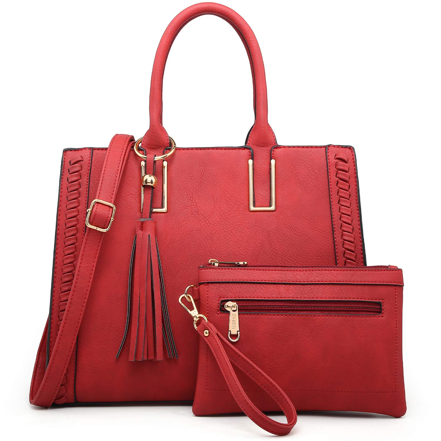 DaseinWomen Satchel Handbags Vegan Leather Purses Tassel Shoulder Bags Work Tote for Ladies with Long Strap, Red With Matching Clutch, Medium