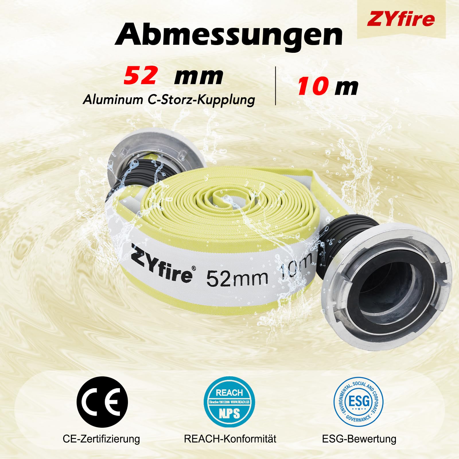 ZYfire Feuerwehrschlauch 52mm x 10m | 2 Zoll Feuerschlauch mit C-Storz Kupplung | flexibler Wasserschlauch für Feuerwehr Industrie und Garten | Flachschlauch mit 10 Bar Betriebsdruck | TPR-Innenfutter