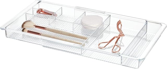 iDesign 38280 Clarity Extendable Cosmetics Organiser, Adjustable plastic Drawer Organiser Tray, Clear, Extends up to 18.5 Inches