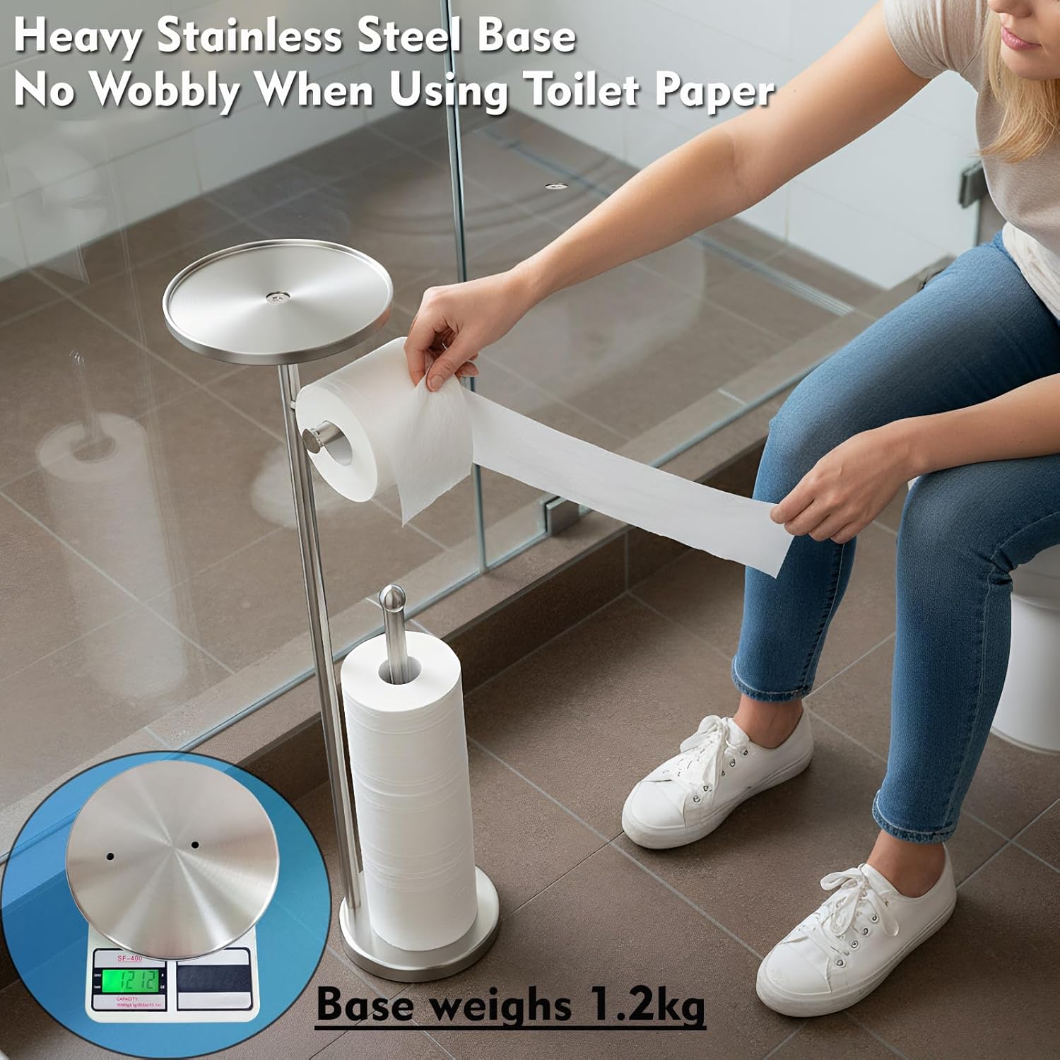 Toilet Paper Holder with Shelf, Tissue Roll Holder Stand with Storage Space for Holding Extra 4 Toilet Paper Rolls, Stainless Steel Rustproof Freestanding (Brushed Nickel)