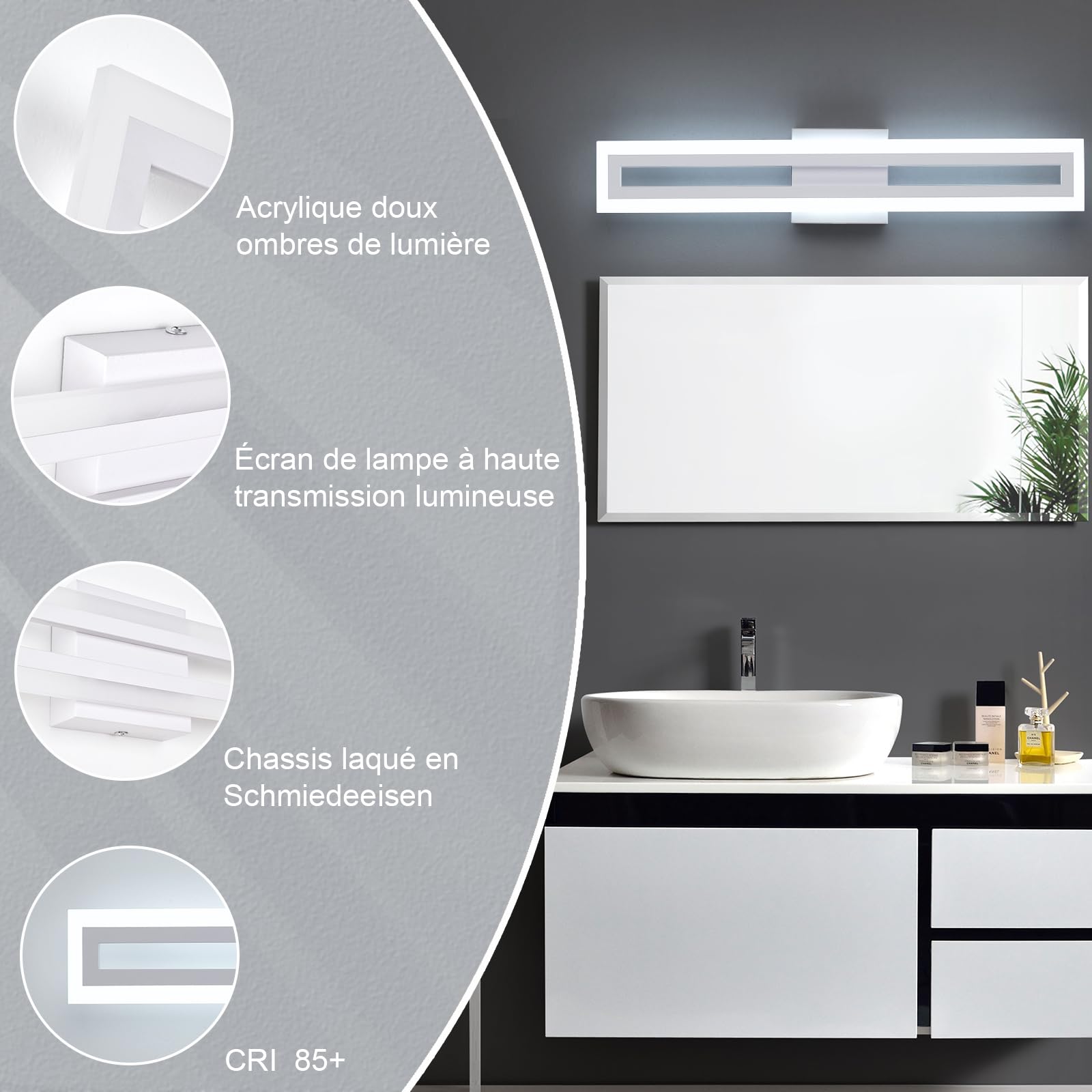 Lampe Miroir Salle de Bain 60CM LED Applique Murale Blanc, 20W Éclairage 2000LM Blanc Froid 6000K, IP44 Étanche Luminaire dessus Lavabo Vanity Light pour Douche Vasque