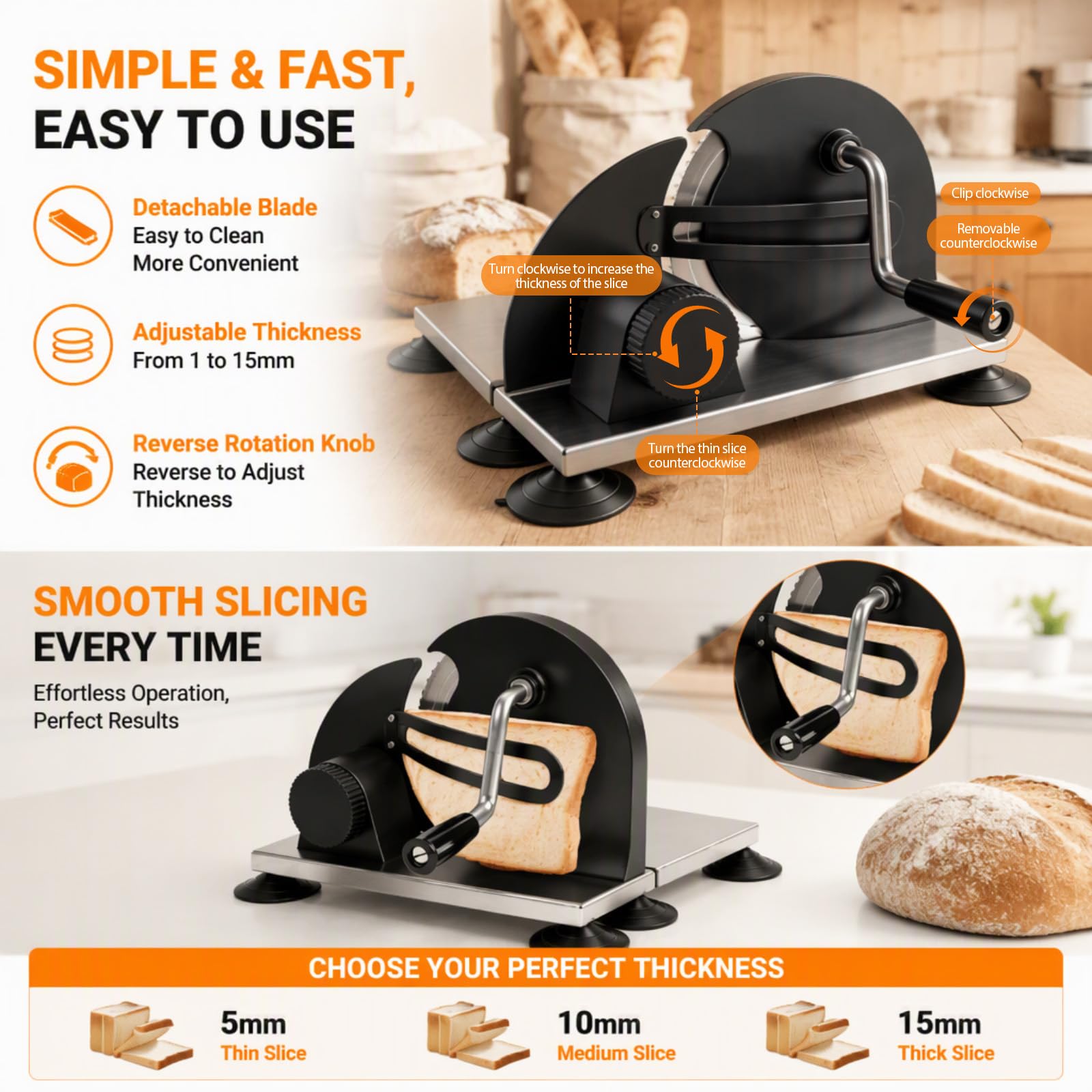 Manuelle Brotschneidemaschine mit Edelstahlfuß, Brotschneider mit Handkurbel & Saugnäpfen, Allesschneider für Brot, Schnittstärke 1–20 mm Einstellbar, Edelstahlklinge für Brot, Baguette & Käse