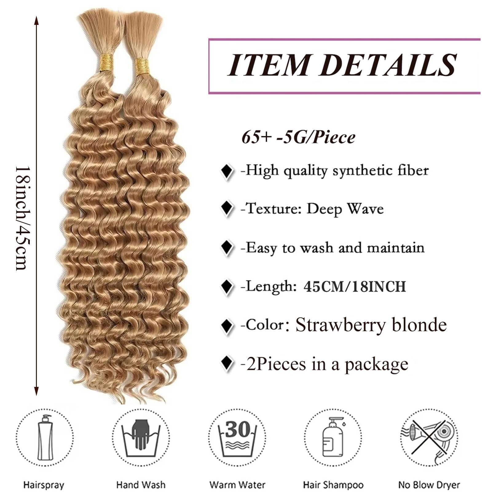 Deep Wave Boho Braids Synthetic Hair Extensions 22 Inch 2 Bundles Water Wave Curly Synthetic Braiding Hair Bulk Wet and Wavy Goddess Box Braids for Women (#27/Strawberry blonde - Image 2