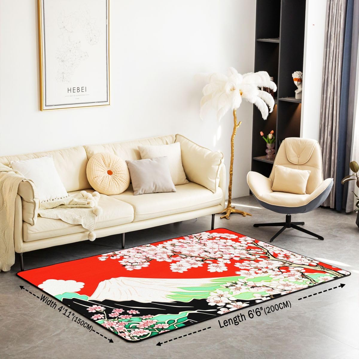Homewish Kwiat wiśni dywan 100 x 150 cm do sypialni - japoński styl dywany Ukiyo salon Sakura Mount Fuji wzór nie gubi dywan, Groovy Flower Floral Duże dywany