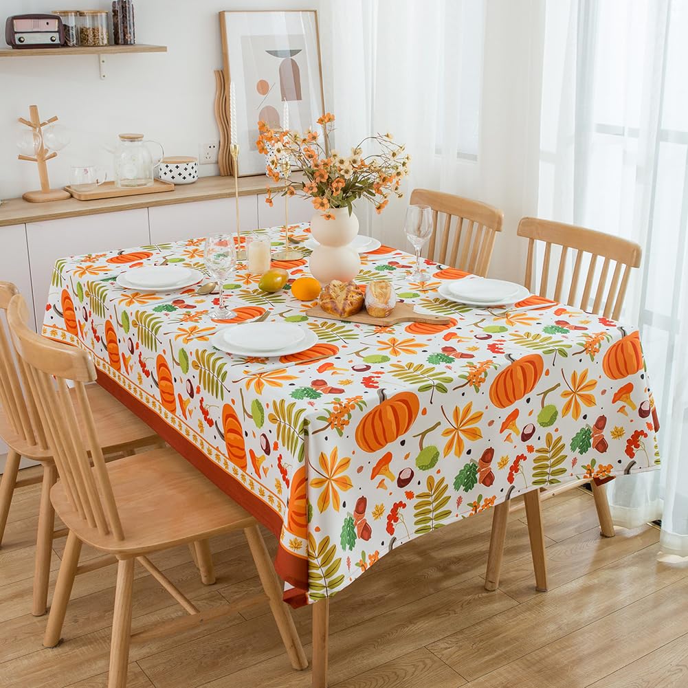 MANGATA CASA Fall Table Cloth Rectangle Table 60x102in-Pumpkin Tablecloth for Thanksgiving-Waterproof Farmhouse Autumn Table Clothes for Harvest(Orange Maple-60X102in)
