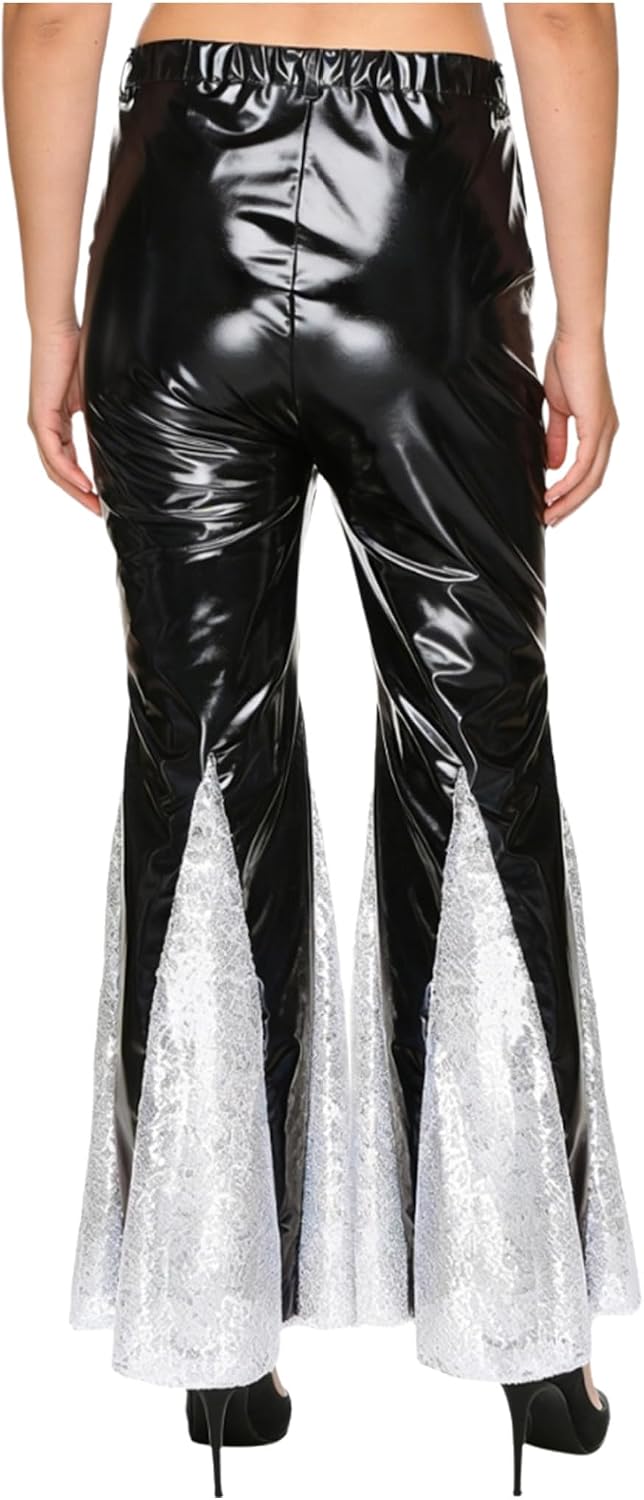 Linjinx Women's 70s Disco Pants Bell Bottoms Slim Fit Retro Flared Trousers Metallic Shiny Pants