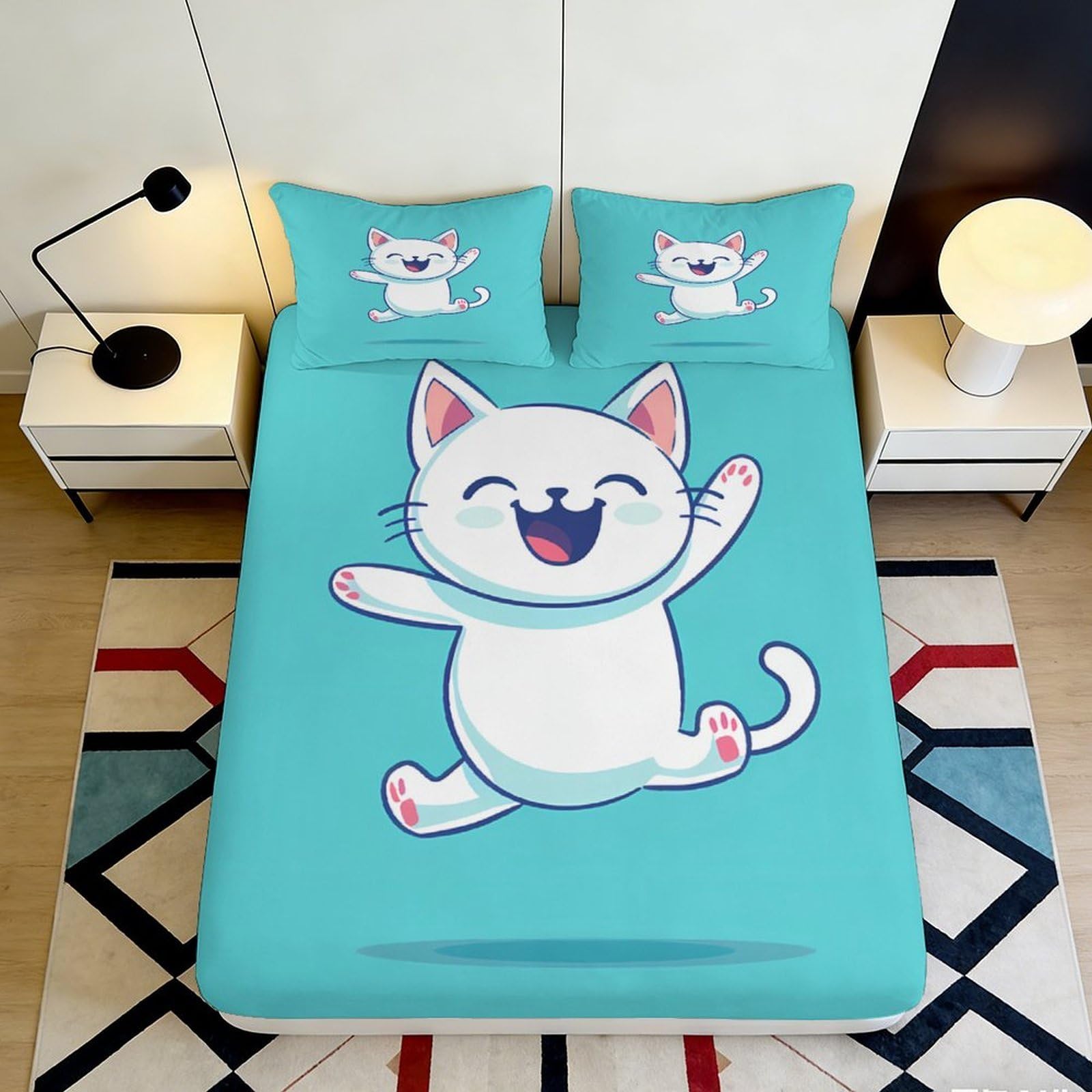 3D Printed Cartoon Cat Fitted Sheet Microfiber Soft Blue Mattress Cover for Bedroom Guest Room Decor Protection 90x200x25cm