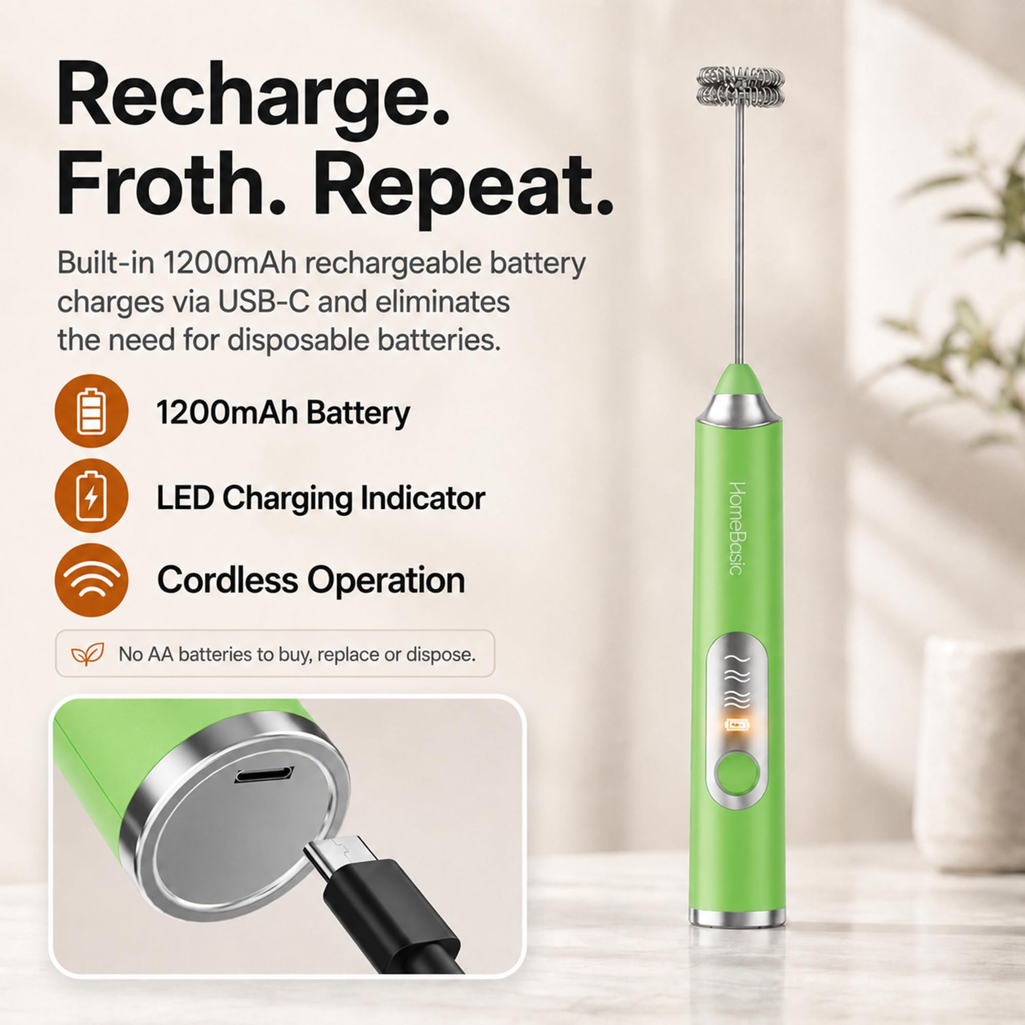 HOMEBASIC Milk Frother - 3 Speeds, Dual Whisks -8