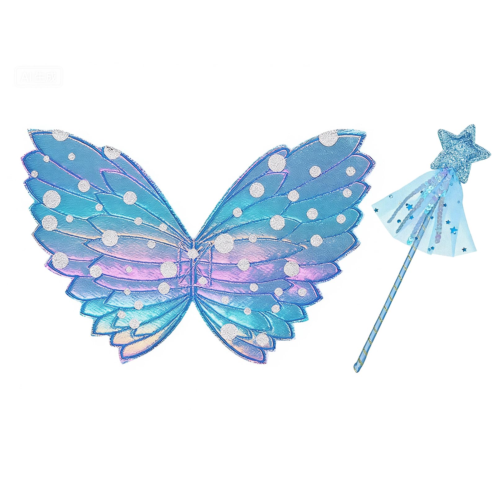 2 Pcs Butterfly Wings Costume Set, Fairy Wings and Wand Fancy Dress Set, Princess Fairy Costume Butterfly Wing Sets for Party, Halloween, Christmas, Fantasy Play, Blue