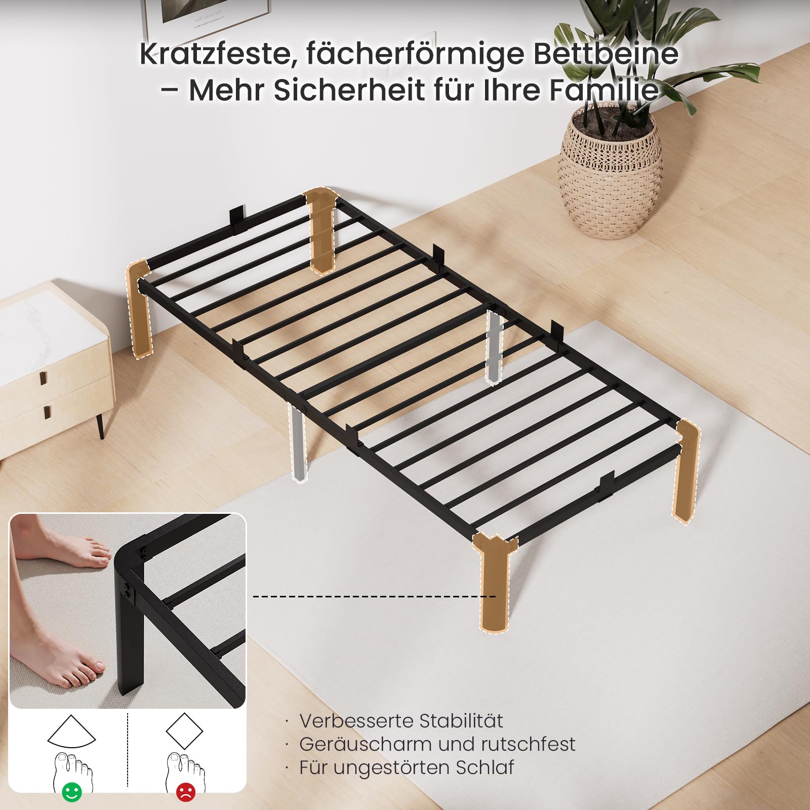 KUTAS Einzelbettgestell, 90 x 200 cm, Höhe 36 cm mit Stauraum unter dem Bett, 14 Reihen Metalllamellen Bett, Kein Boxspringbett Erforderlich, Einfach zu Montieren, Geräuschlos, Modern, Schwarz