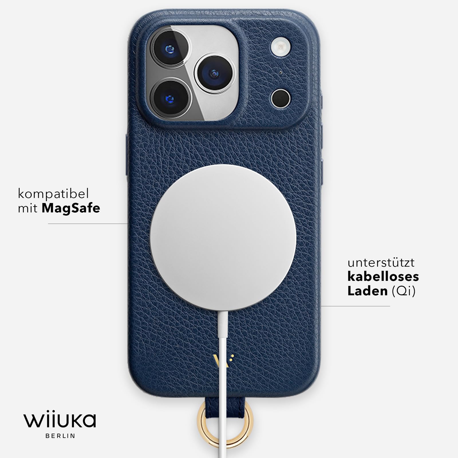 WIIUKA Etui na telefon iPhone 17 Pro Max, skórzane etui z łańcuszkiem na telefon komórkowy, wysokiej jakości etui na telefon komórkowy, etui, łańcuszek do zawieszenia, skiin loop, ciemnoniebieskie