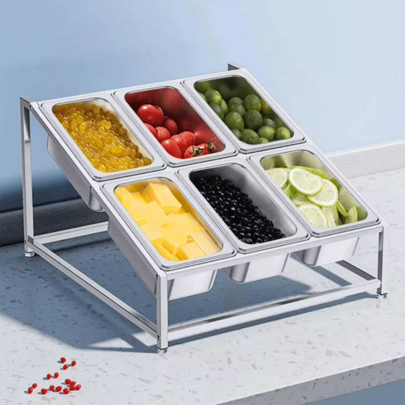 Stazione per pizza in acciaio inox con vassoio dispenser con coperchio, design a doppia fila inclinata, piedini antiscivolo per cucina e buffet