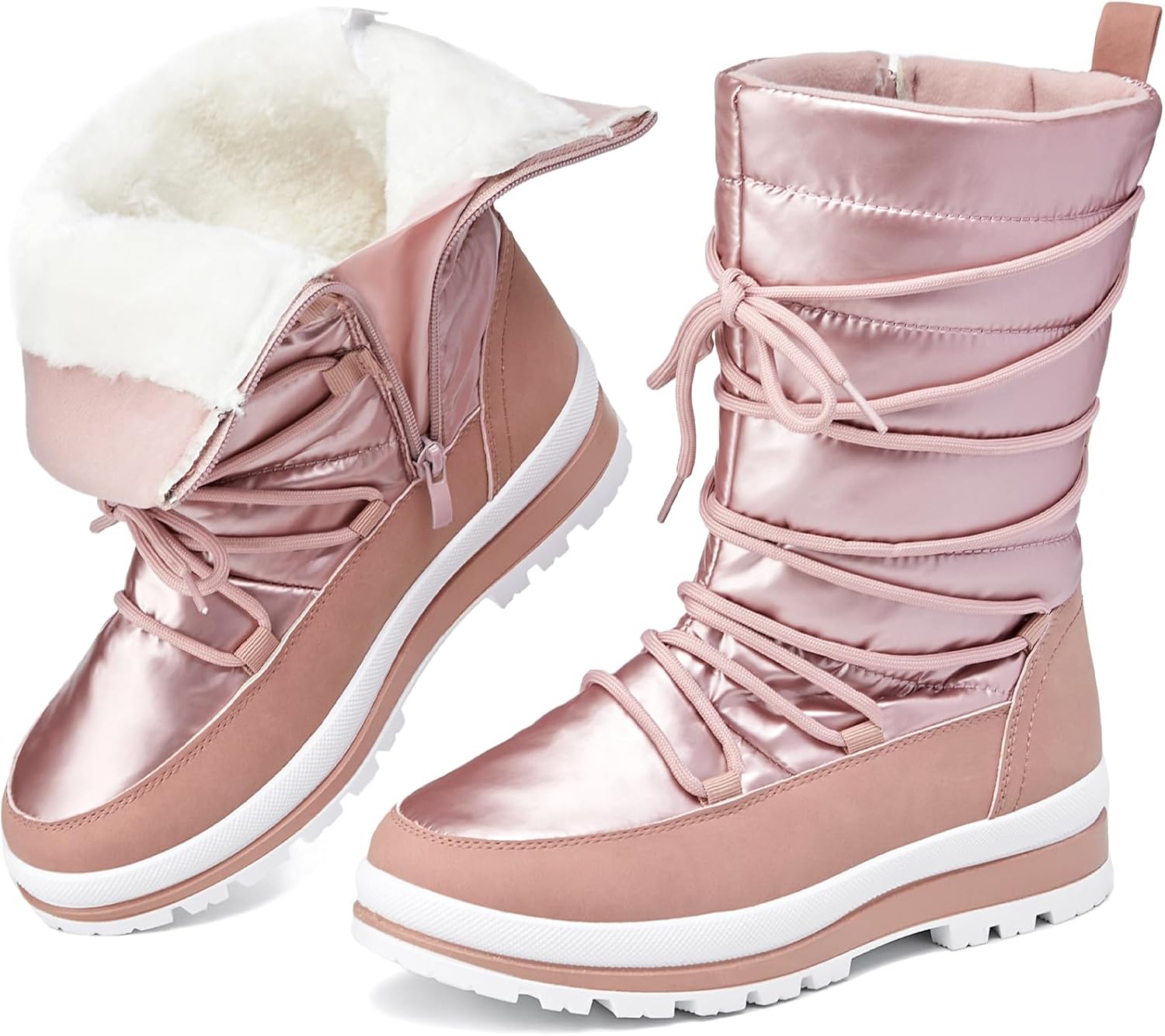 Snow Boots for Women Fur Winter Boots Waterproof Ski Boots Women's Mid Calf Boots Furry White Lace up Boots with Zipper