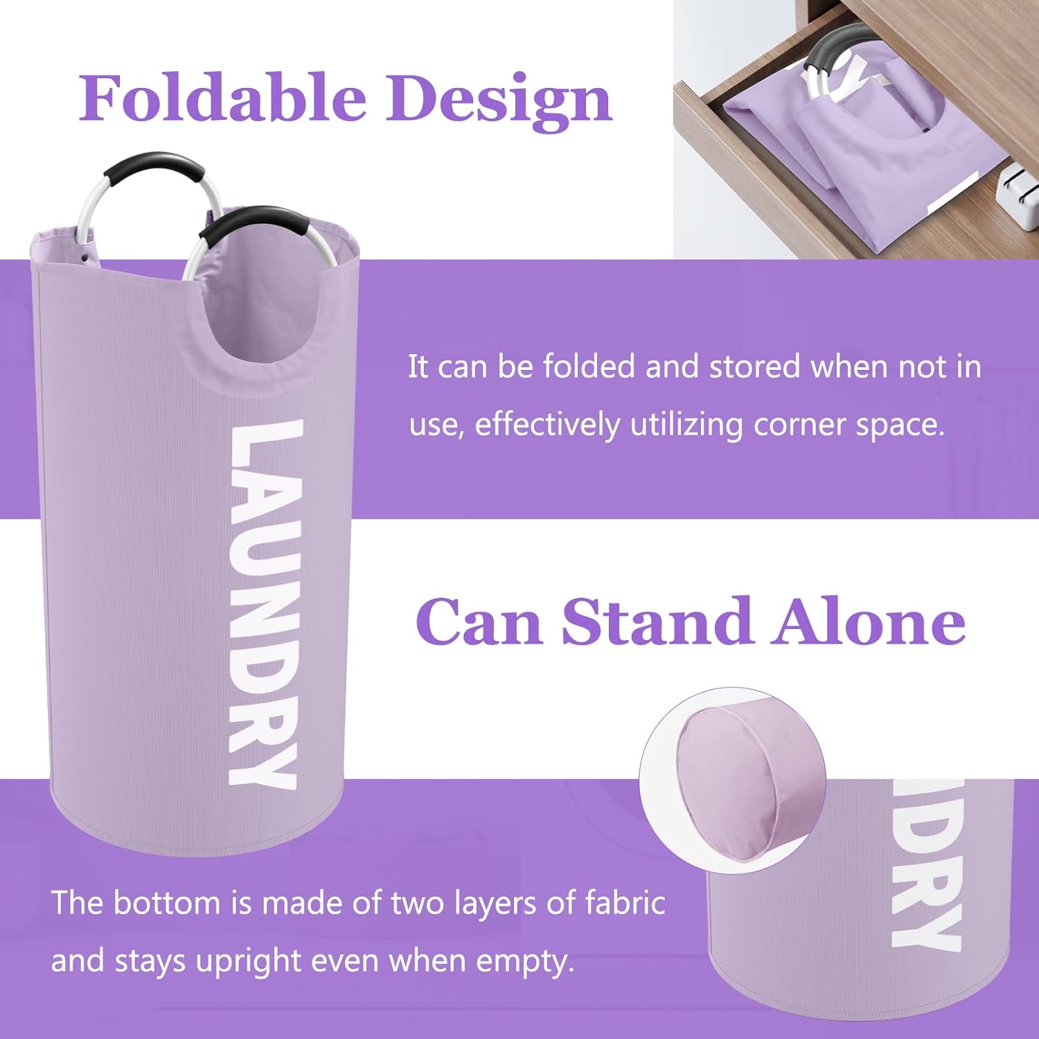 95L Folding Laundry Basket, Large Laundry Hamper with Handles, Portable Dirty Clothes Hamper, Independent Storgae Basket for Bathroom, Living Room, Dorm, Purple - Image 7