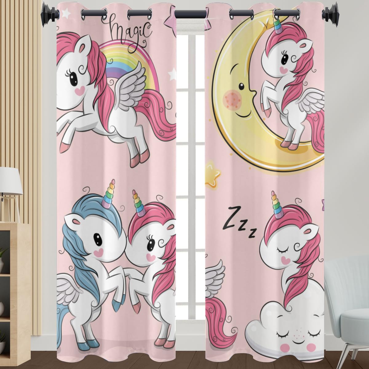 Lot de 2 Rideau Occultant Enfant et Thermique Isolant 140x183cm(WxH) à Oeillets,2D Impression Sœurs Licornes Roses Petit Rideaux occultants Decoration pour Salon et Chambre