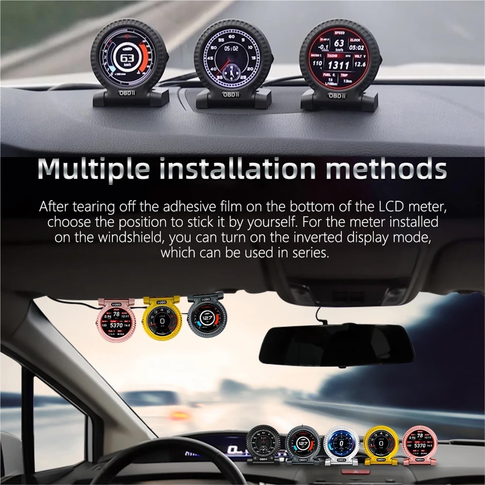 Pantalla Frontal HUD OBD2 for Coche con múltiples Indicadores for Velocidad, RPM, Voltaje, ODO y Reloj(Black)